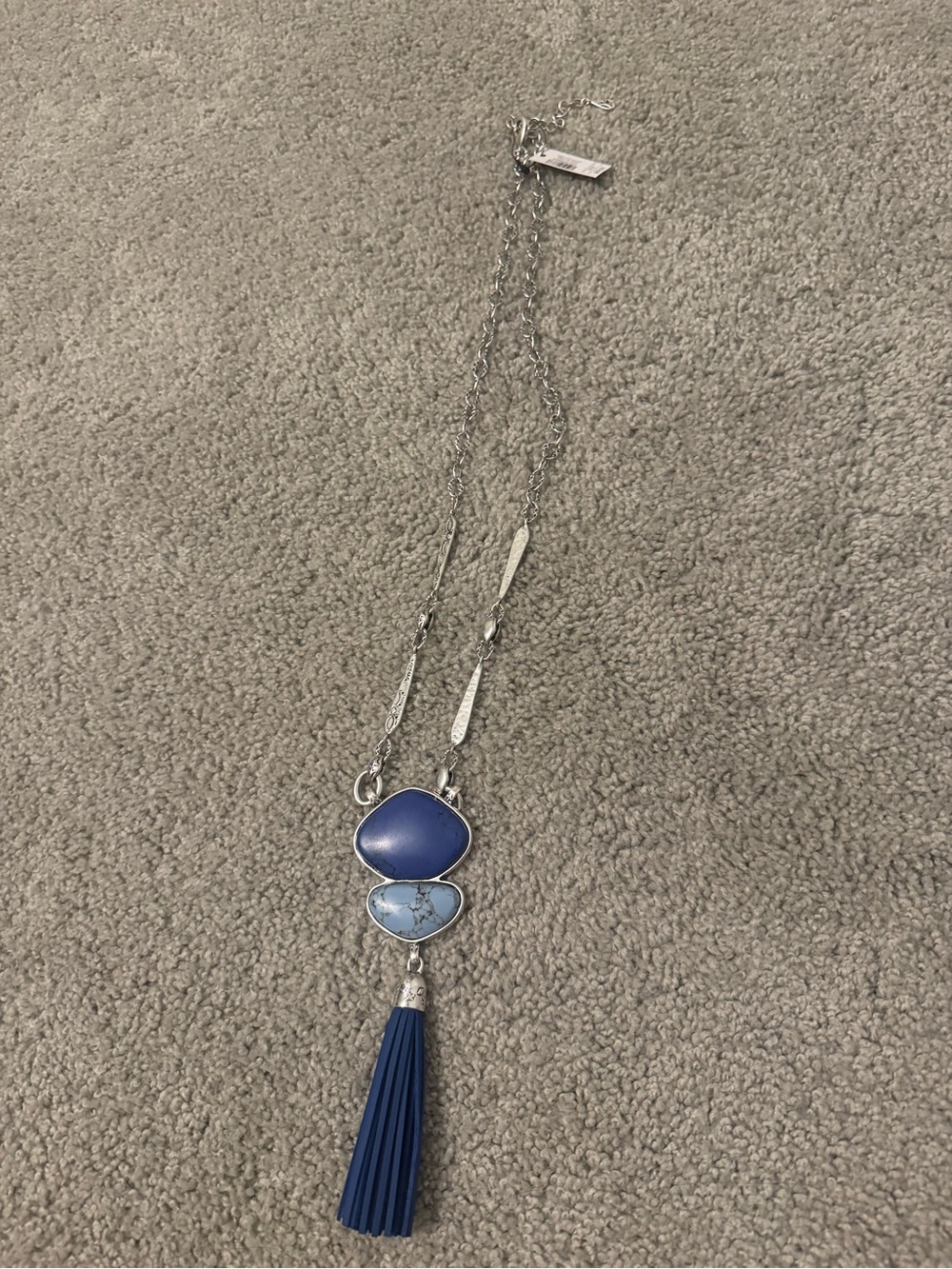 Chico's Silver Necklace with Blue Double Stones and Blue Tassel